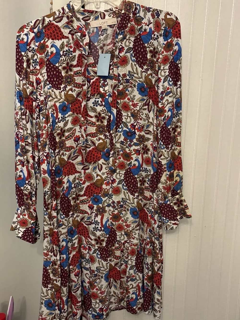LOFT White Long Sleeve Floral & Peacock Print Dress